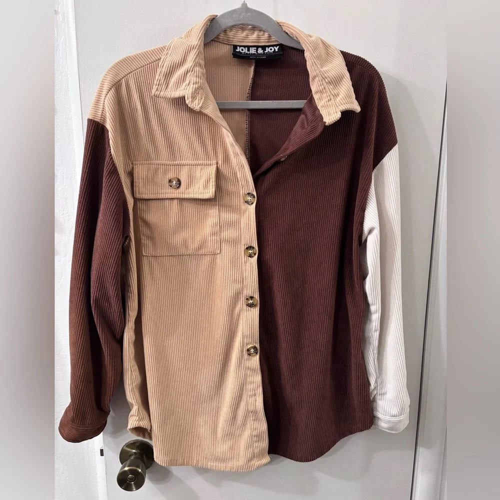 Jolie & Joy Women's Colorblock Button Down Shirt - Brown, Cream, White - Picture 1 of 7